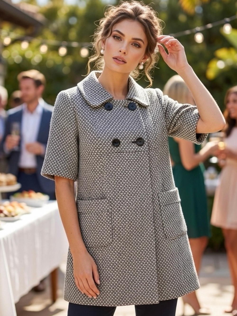 Tria Women’s Wool Blend Short Sleeve Double Breasted Swing PeaCoat Size M